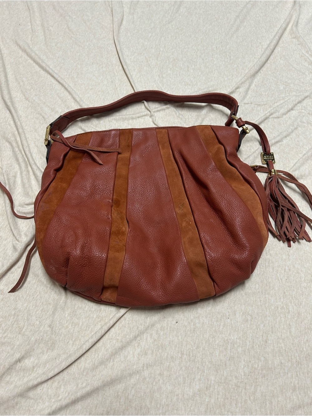 Aimee Kestenberg Tuscany Hobo Purse Bag Slouchy Paneled Suede Pebble Leather